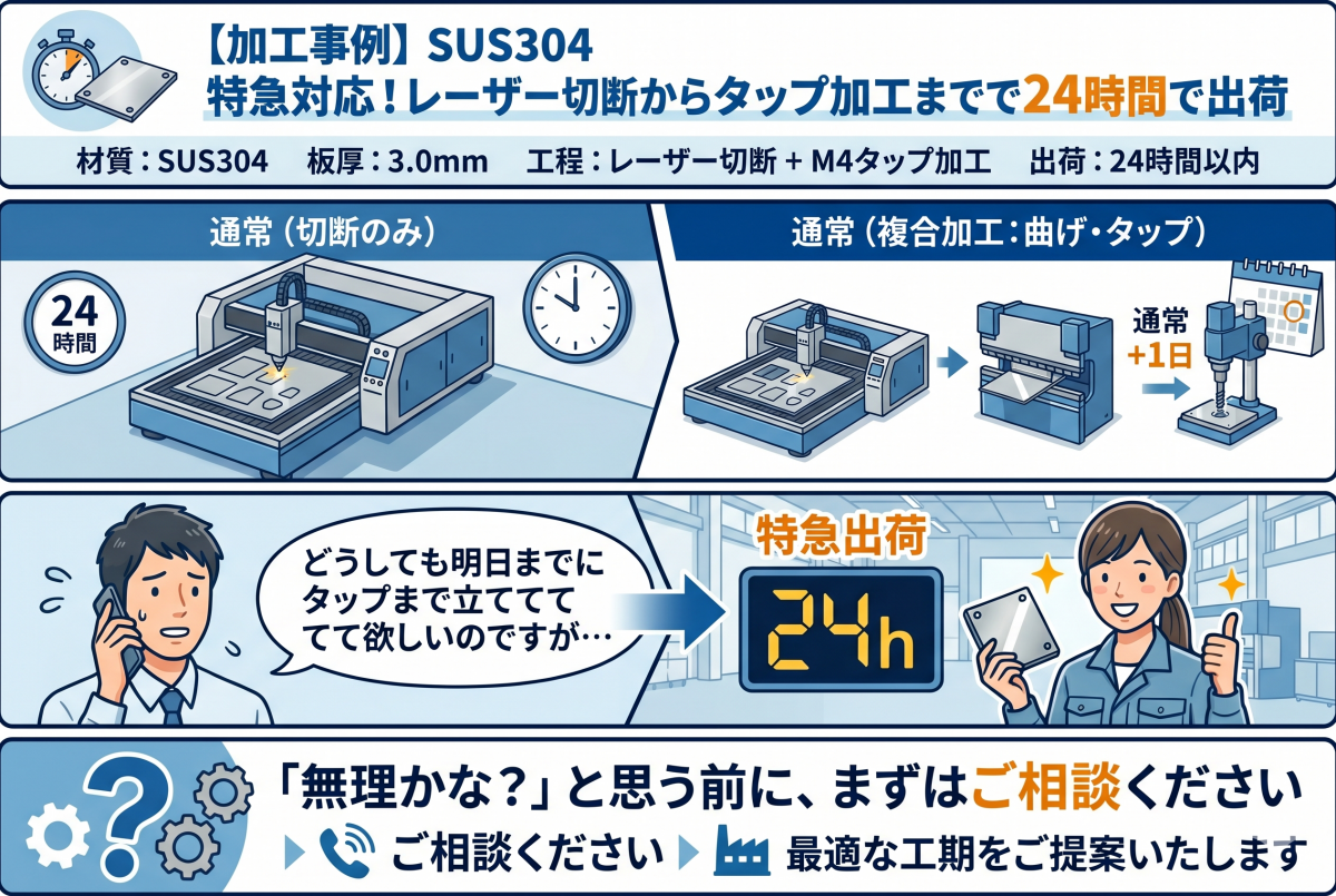 SUS304 特急対応！レーザー切断からタップ加工まで24時間で出荷